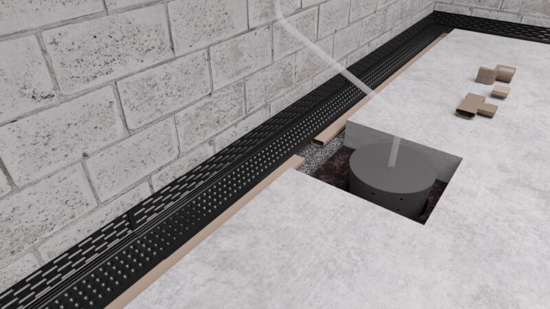 Fast Track drain tile basement waterproofing system with Drain-Eze XL dimple footing mat