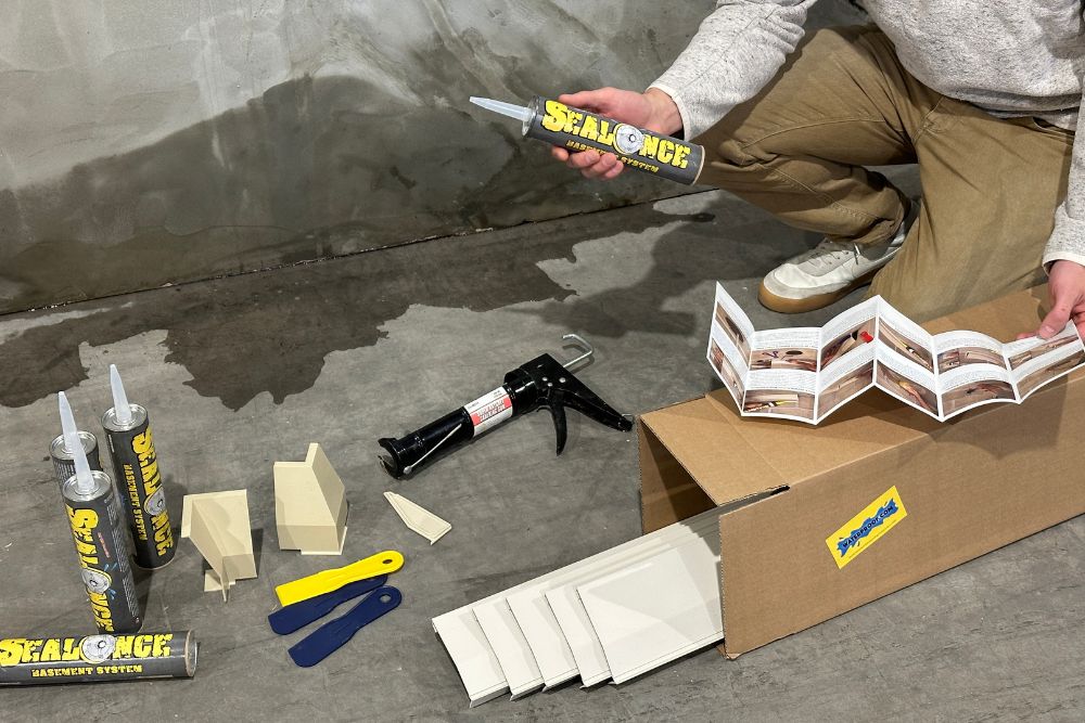 SealOnce basement waterproofing channel installed at floor-wall joint